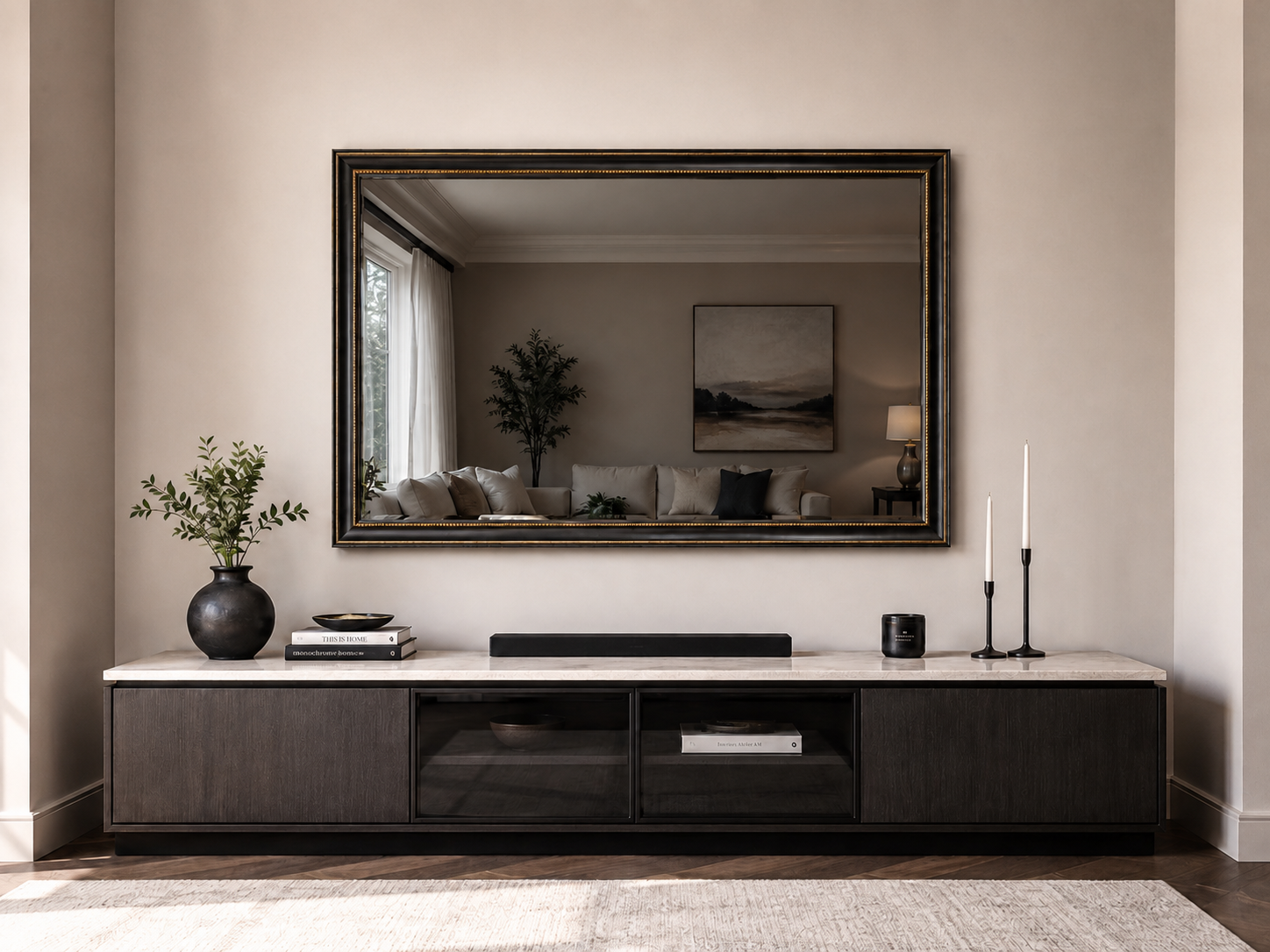 Mirror TV with Standard Mirror TV Glass, television off, showing a darker, deeper mirror reflection of the room