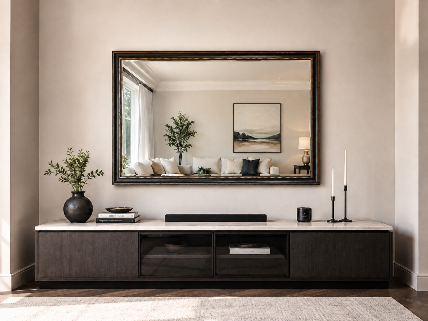 Mirror TV with Premium Mirror Glass, television off, showing a brighter, more conventional mirror reflection of the room