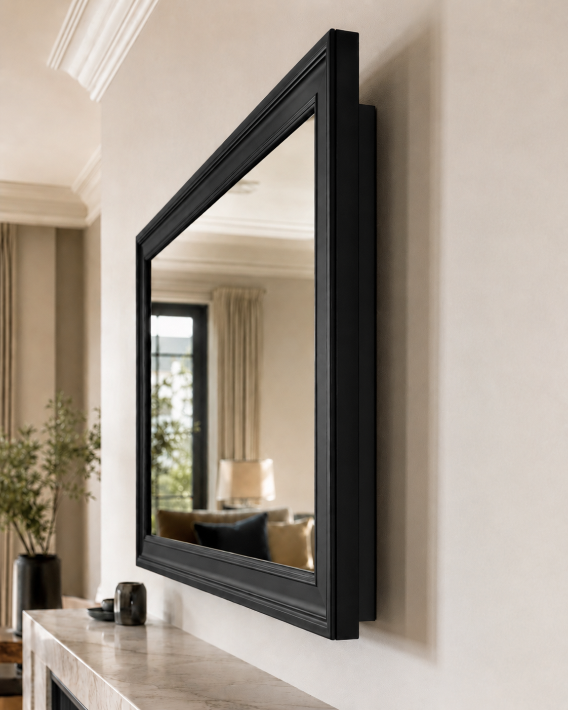 Mirror TV viewed from the side with matching side profile covers fitted, appearing solid and flush to the wall