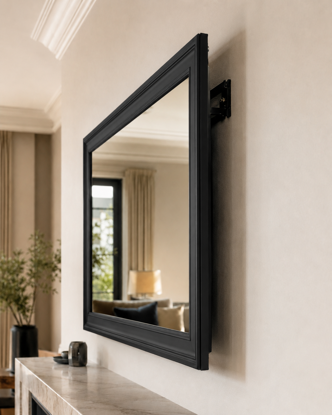 Mirror TV viewed from the side without side profile covers, showing the gap and wall bracket behind the frame